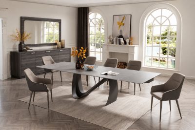 Dining Room Furniture Kitchen Tables and Chairs Sets 9087 Table Dark grey with 1254 chairs and Vulcano Buffet/mirror